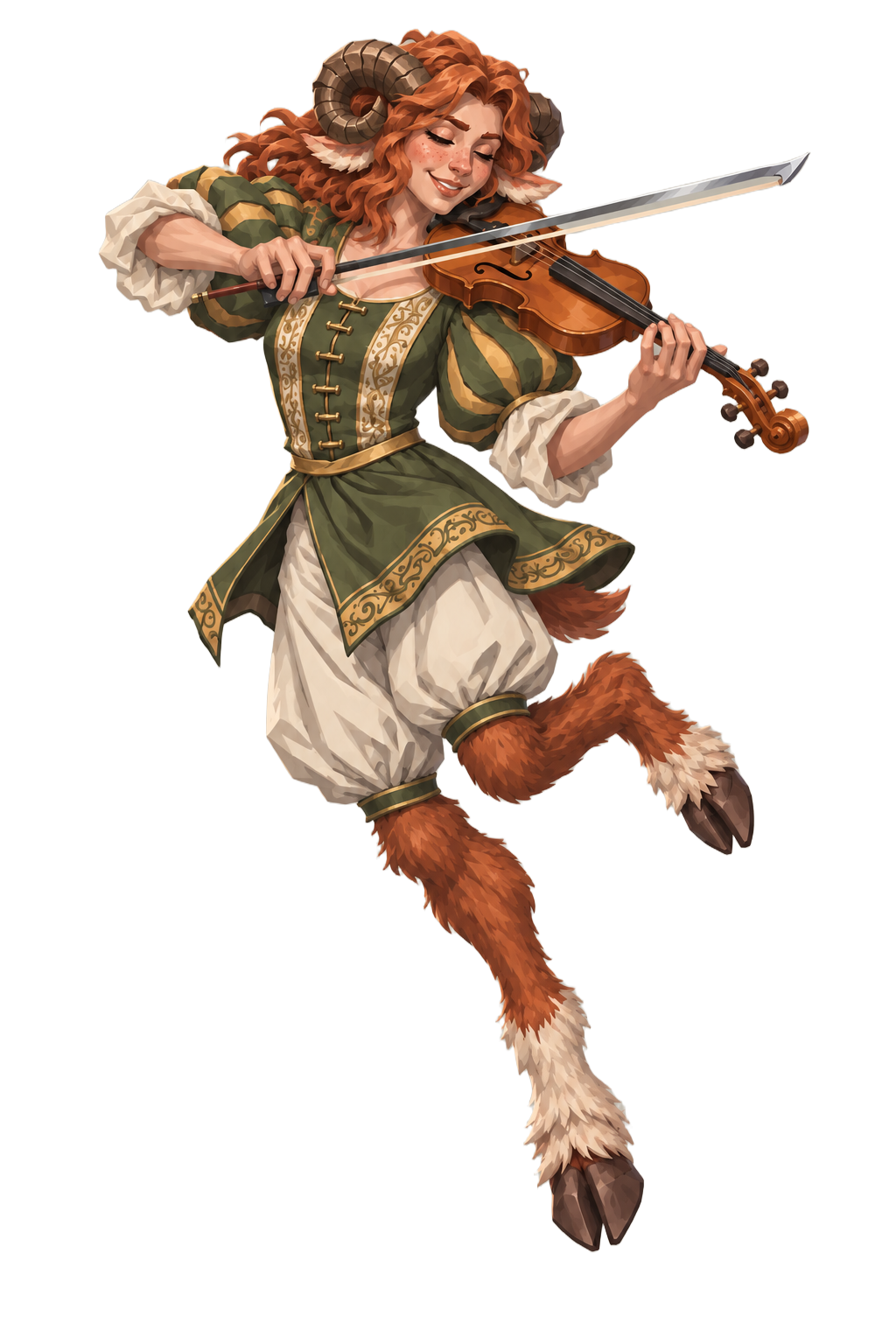 Full concept art of Lyra, a red-haired satyr musician in a green waistcoat