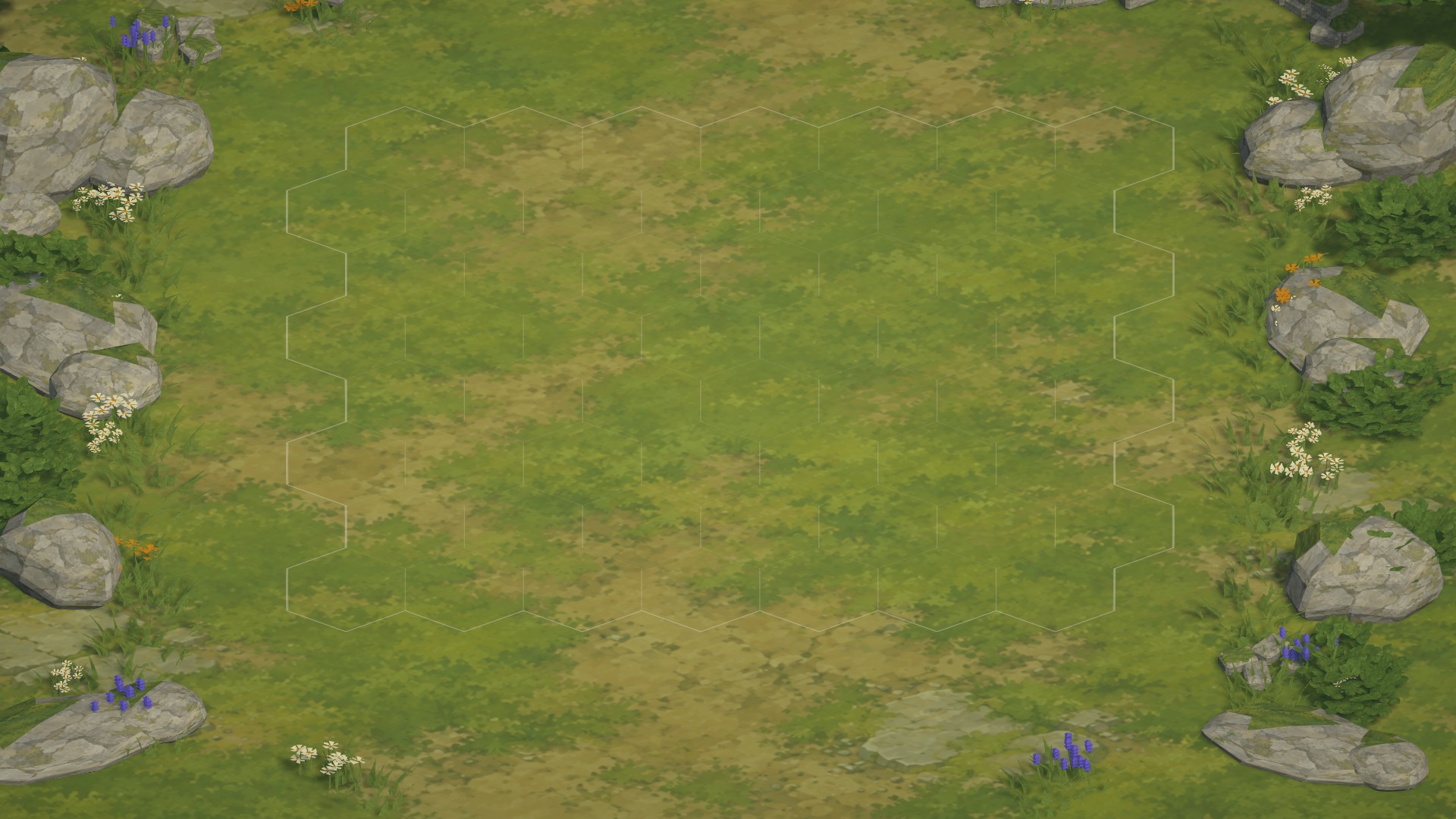 Stage 1 in-game screenshot: the empty Sunlit Meadow arena, bordered by mossy rocks and wildflowers